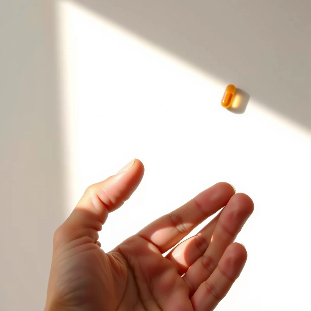 Ręka trzymająca kapsułkę suplementu na neutralnym tle